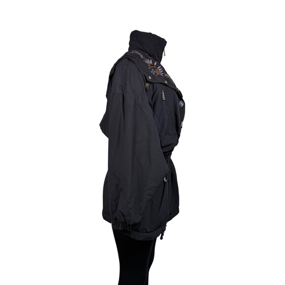 Bogner Womens Black Nylon Embroidered Hooded Jacket Stylish Winter Coat Size 12 - Picture 2 of 16